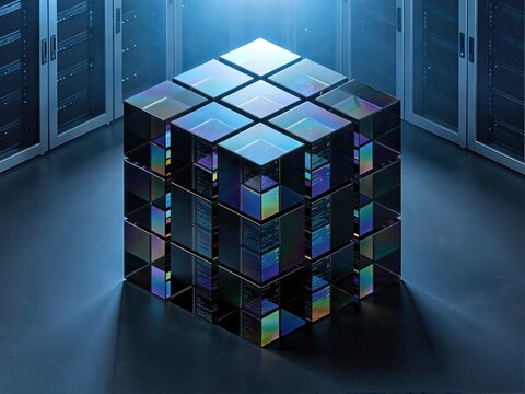 Futuristic isometric diagram of a secure content automation pipeline, visualized as nested glass vaults.