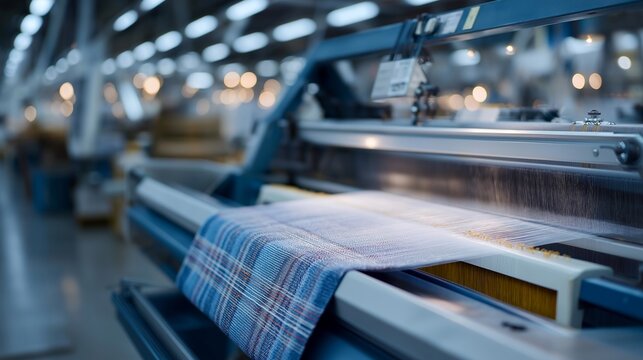 Industrial textile loom weaving complex jacquard fabric pattern at high speed in a modern textile factory, ideal for fabric manufacturing, automated weaving technology, textile production,