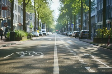 Empty urban street with bike lane markings in morning