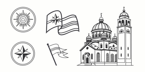 Fototapeta premium A collection of historical symbols and landmarks representing various nations and their heritage.