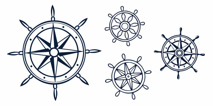 Four different types of ship wheels and steering mechanisms from ancient times