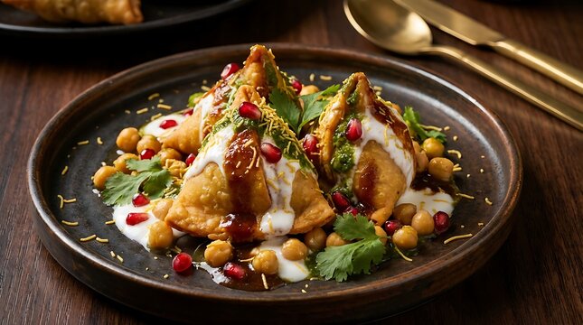 Delicious Indian Samosa Chaat, a traditional street food snack. Crispy samosas topped with creamy yogurt, tangy chutneys, chickpeas, and fresh pomegranate