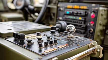 Military control board with switches, dials, and indicators in an operations vehicle, tactical control panel close-up, military operations hardware, command vehicle instrument panel,