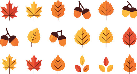 Autumn Leaves and Acorns Icon Set with Maple Oak Fall Foliage Seasonal Nature Elements Flat Vector Collection © MdNazmul