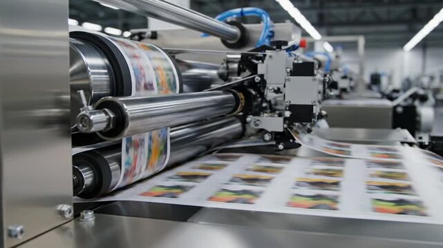 High-speed industrial printing machine producing colorful images on paper in a modern factory