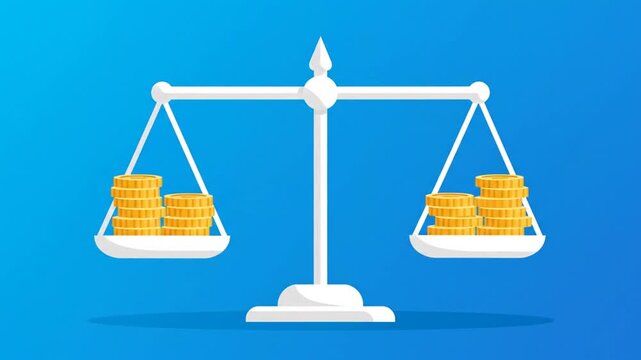 A white balance scale with stacks of shiny gold coins on both sides, symbolizing financial equality