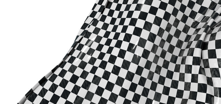 Abstract image of a checkered flag waving against a white backdrop. Perfect for representing racing, competition, or spe