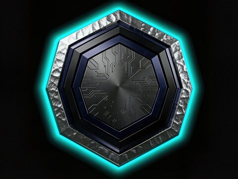 Hexagonal Cybersecurity Shield Levitating with Emissive Cyan Circuits