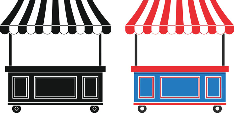 Street Market Stall Kiosk Vector Illustration Featuring Black and Colorful Awning Cart Booth Design for Food Stand Retail Shop and Outdoor Vendor Branding