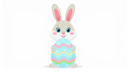 Cute cartoon Easter bunny holding a decorative egg, perfect for spring holiday designs, children's content, and festive greetings