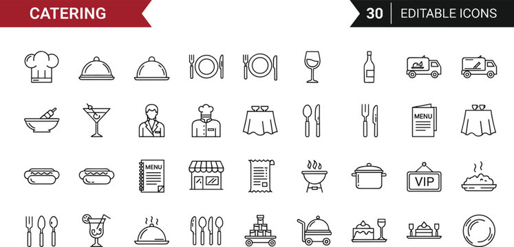Catering Line Icon Set Featuring Chef Buffet Table Food Delivery Waiter Cutlery VIP Service and Event Dining Symbols in Minimal Editable Stroke Vector Illustration Collection