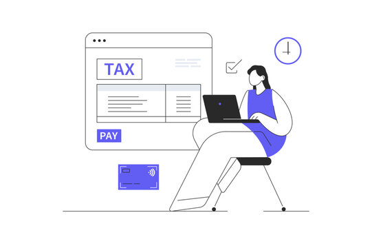 Tax payment. Data analysis, paperwork, financial research, report. Tax bills, laptop, time, credit card. Flat Cartoon Vector Illustration, icon Stylish abstract design landing page web