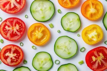 Naklejka premium Colorful sliced vegetables and citrus fruits on yellow background