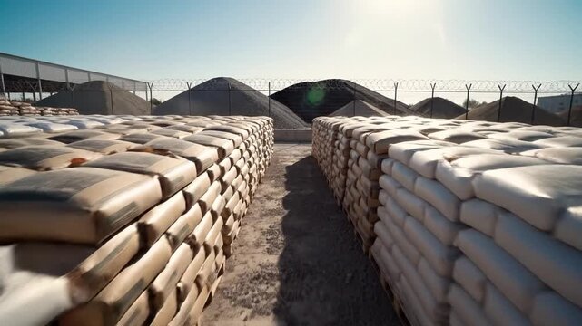 Neatly stacked bags of industrial materials on pallets at an outdoor storage facility under