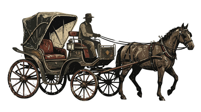 Vintage horse-drawn carriage with driver in silhouette, isolated on white