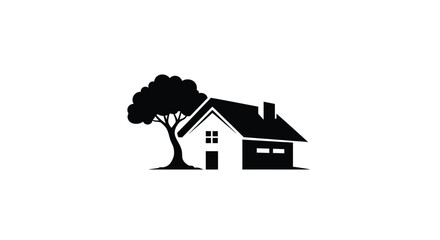 Simple black silhouette of a house with a tree beside it
