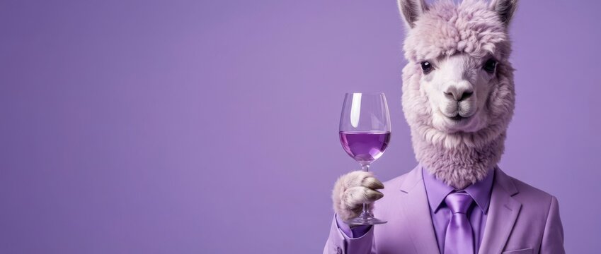 Stylish Alpaca Toasting with Wine Elegant Purple Setting