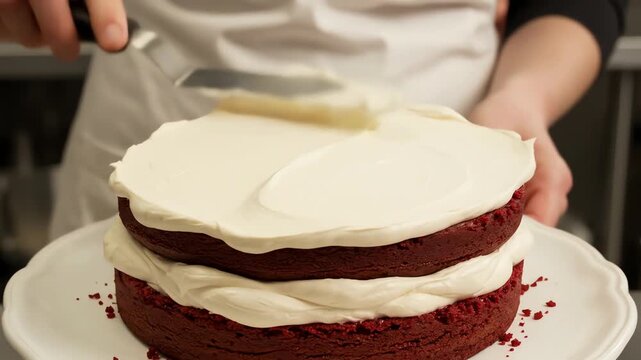 Chef applying cream frosting to layered cake close up food photography