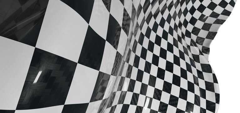 Dynamic black and white checkered flag waving, suitable for design and abstract themes. Perfect for motion graphics, rac