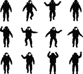 Fototapeta premium Astronaut silhouettes, space exploration, cosmic poses, astronaut figures, space suit design, cosmic illustration, science fiction, galaxy theme, futuristic concept, vector art
