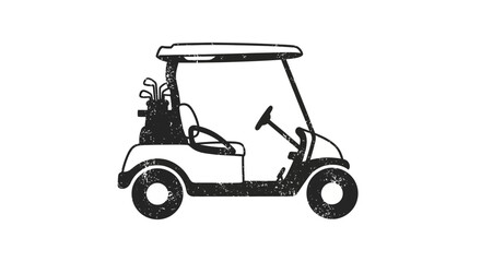 Golf cart with clubs, black and white graphic, grunge texture