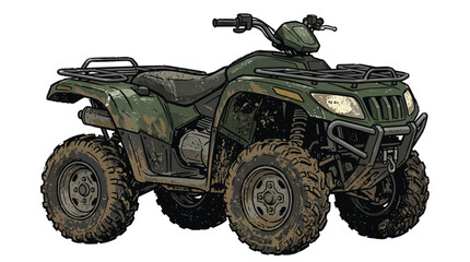 Fototapeta premium Green ATV Quad Bike Off Road Muddy Tires White Background