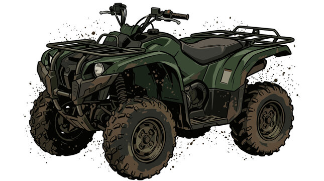 Green All-Terrain Vehicle with Mud Splatter Isolated on White