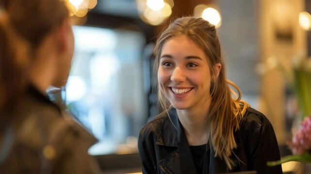 The smiling girl in a black leather jacket conveys a warm, friendly atmosphere that would fit perfectly into the background of social media or blogs about youth culture.
