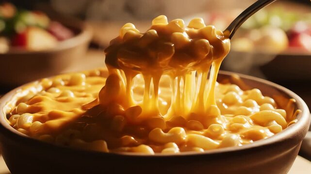 Close up of baked macaroni and cheese in a rustic ceramic bowl