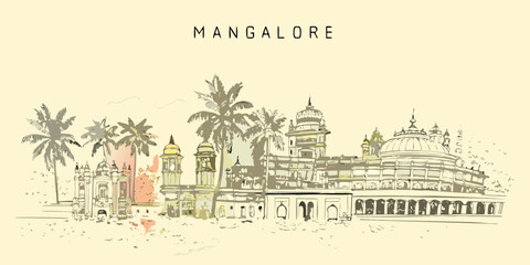 Mangalore city illustration featuring palm trees and ornate architecture © Roni