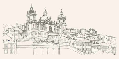 Detailed sketch of a grand baroque church overlooking a hillside town © Roni
