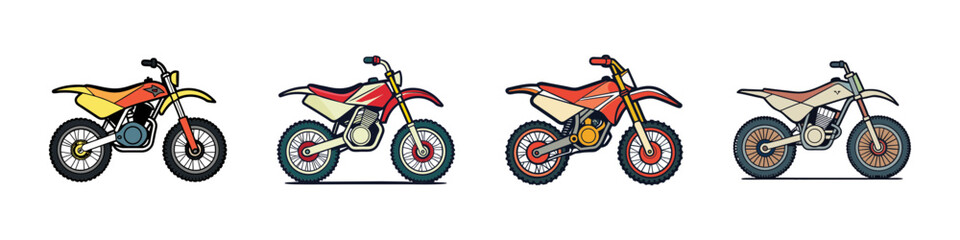Fototapeta premium Four dirt bikes in different colors vector illustration, flat design graphics