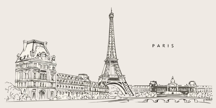 A vintage style sketch of the eiffel tower and parisian architecture