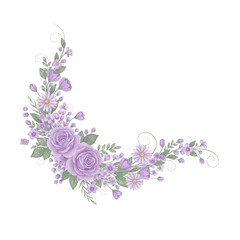 Elegant purple roses and lavender floral arrangement on white background for wedding bouquet