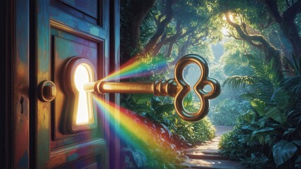 Fototapeta premium Golden key unlocking door to vibrant jungle pathway with rainbow light