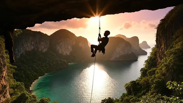 Man Rappelling Down Cliff Near Water Body.