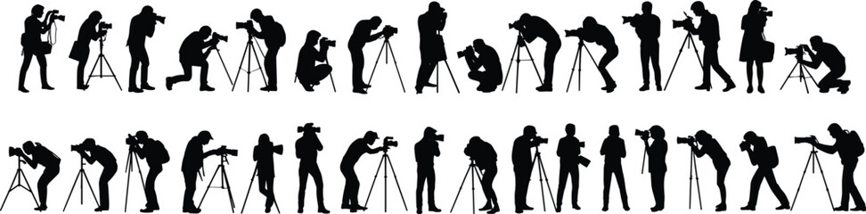 Photographer silhouettes with cameras and tripods professional photo shooting collection isolated on white background © Minhazul