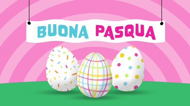 Cartoon Animation of Three Doodle Painted Easter Eggs on Green Ground with Italian Happy Easter Text (Buona Pasqua) in Wavy Banner on Radial Striped Pink Background - 4K Horizontal Seamless Loop Video