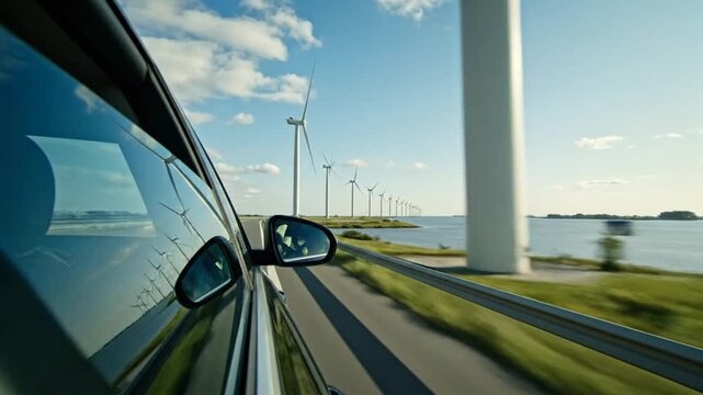 Side view of a car driving past a row of wind turbines along a scenic coastal road under a blue sky