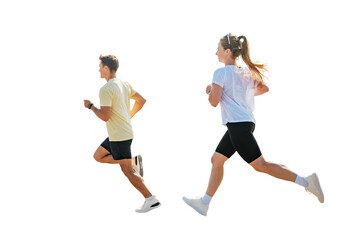 Two people run side by side, transparent background