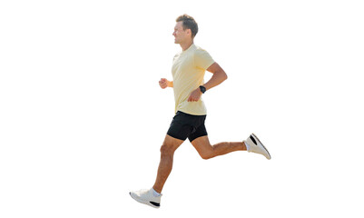 Runner enjoys exercise outdoors during daytime wearing light clothing and running shoes, transparent background
