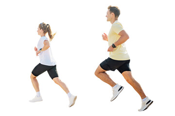 Two people run in bright clothing , transparent background