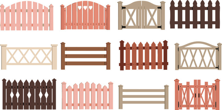 Wooden garden fences and gates vector collection with rustic picket panels and decorative yard barriers