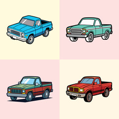 Obraz premium Four pickup trucks in different colors vector illustration, flat design graphic