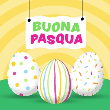 Cartoon Animation of Three Doodle Painted Easter Eggs on Green Ground with Italian Happy Easter Text (Buona Pasqua) in Wavy Banner on Radial Striped Yellow Background - 4K Square Seamless Loop Video