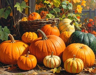 A vibrant still life showcasing a variety of pumpkins in different shapes, sizes, and colors, displayed with autumn foliage