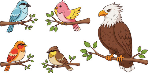 Obraz premium Cute Cartoon Birds Collection with Eagle Robin Sparrow and Colorful Songbirds Sitting on Tree Branches Flat Vector Illustration Set.