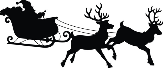 Santa Claus sleigh silhouette pulled by two reindeer representing Christmas Eve flight holiday tradition winter magic and festive celebration © Minhazul