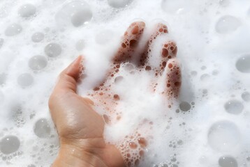 Fototapeta premium Hand covered in thick white soap foam for deep cleaning and hygiene