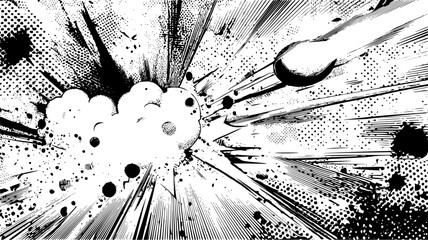 Comic explosion with halftone and speed lines. Explosive black ink splatter comic blast background with dynamic radial speed lines © swillklitch